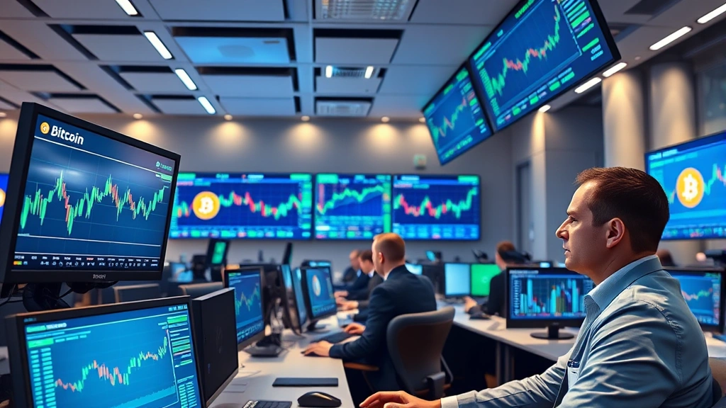 Photorealistic image of a modern cryptocurrency trading floor with multiple screens displaying Bitcoin charts and market data, traders in professional attire focused on monitors, blue and green price indicators glowing, sleek office environment