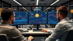 Modern cryptocurrency trading desk with multiple monitors displaying Bitcoin price charts, professional traders analyzing data, sleek office environment with blockchain imagery, photorealistic high-quality professional setting