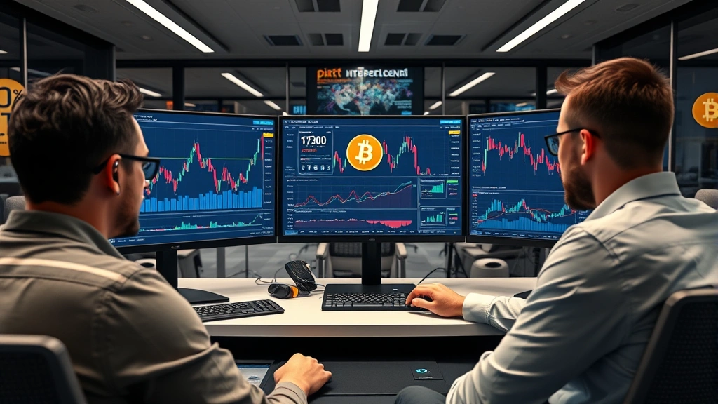 Modern cryptocurrency trading desk with multiple monitors displaying Bitcoin price charts, professional traders analyzing data, sleek office environment with blockchain imagery, photorealistic high-quality professional setting