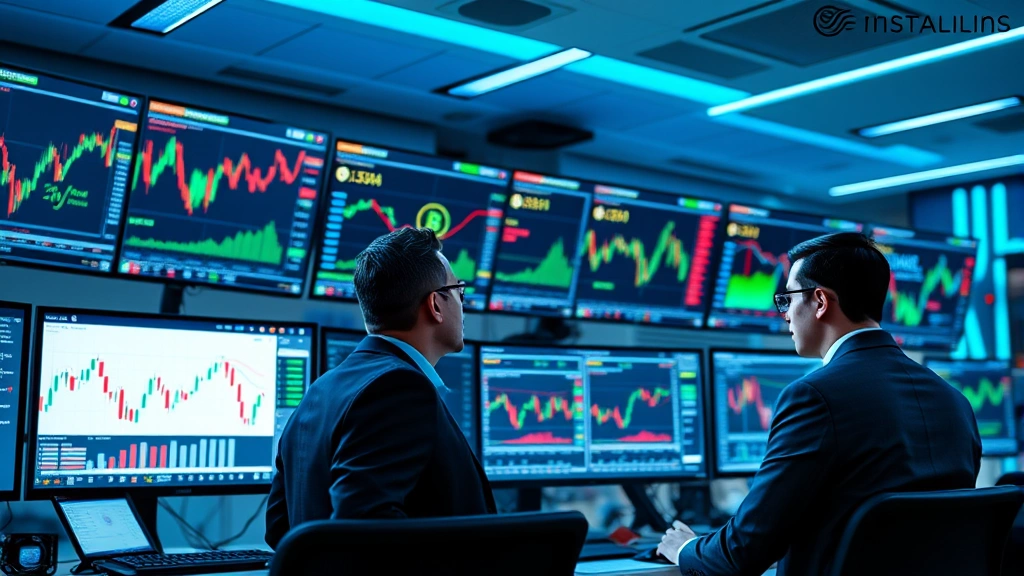 Professional cryptocurrency trading floor with multiple high-resolution monitors displaying Bitcoin charts and market data, traders in business attire analyzing information, modern financial office environment, bright lighting with blue and green accents, contemporary trading terminals and advanced analytics displays