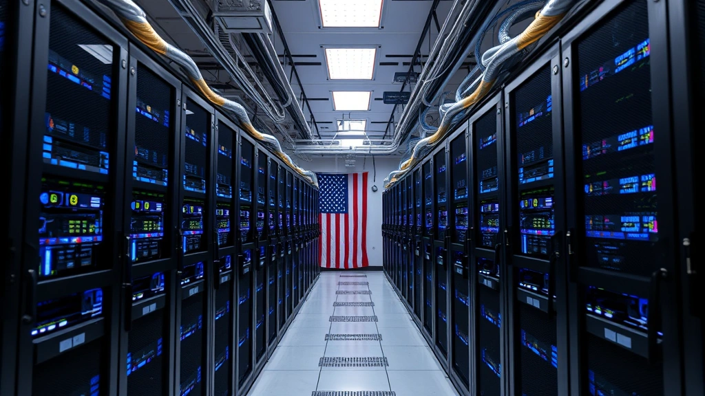 Bitcoin mining operation facility showing rows of ASIC miners running, blue LED lights, cooling systems active, data center environment with American flag visible, industrial cryptocurrency infrastructure