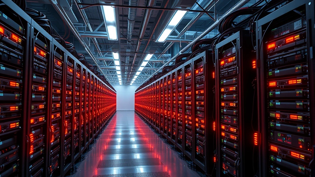 Photorealistic image of a large-scale Bitcoin mining facility with rows of specialized ASIC mining computers generating heat, industrial setting with cooling systems, bright LED indicators, cables organized throughout the facility, professional infrastructure