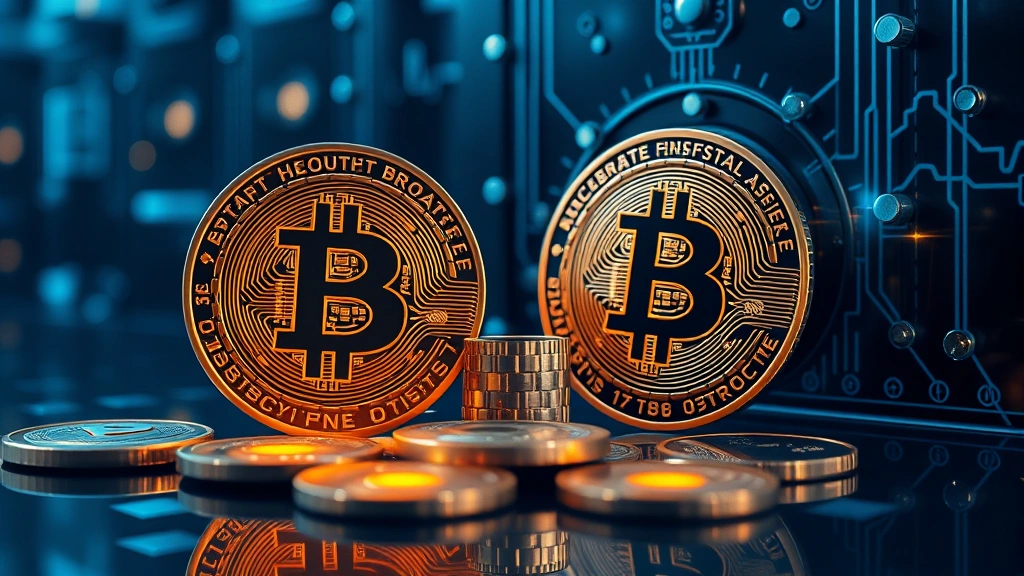 Bitcoin physical coins and digital assets concept art, glowing cryptocurrency symbols, secure vault imagery, institutional financial environment, blockchain network visualization in background, photorealistic professional aesthetic