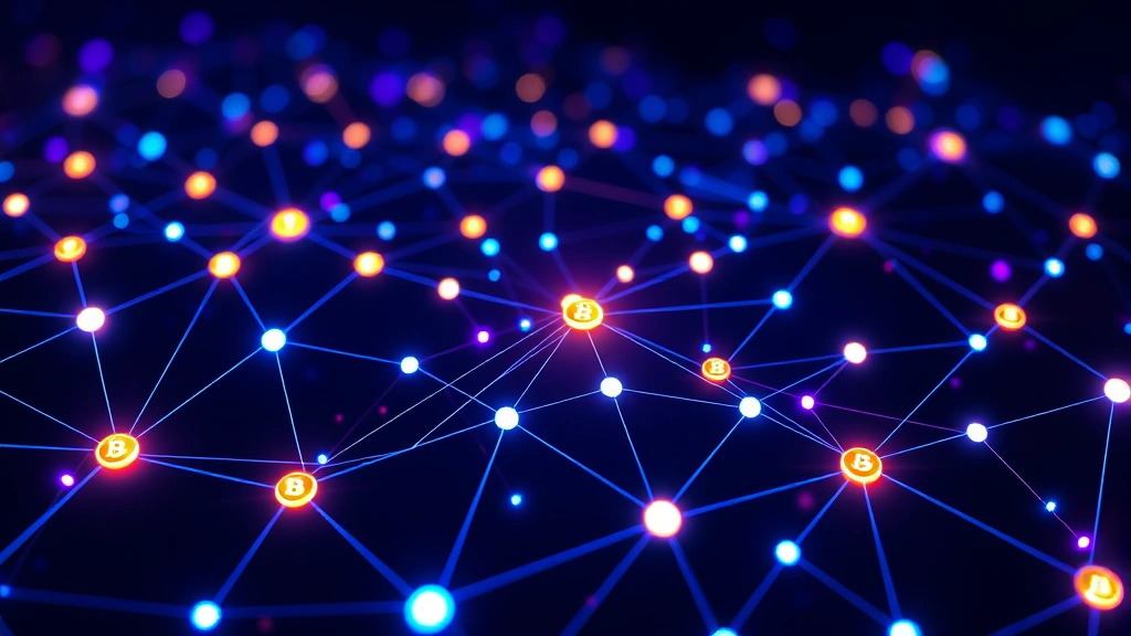 Abstract blockchain network visualization showing interconnected glowing nodes representing distributed Bitcoin network, digital ledger technology, cryptocurrency infrastructure, nodes connected by luminous pathways, dark background with vibrant blue and purple lighting effects