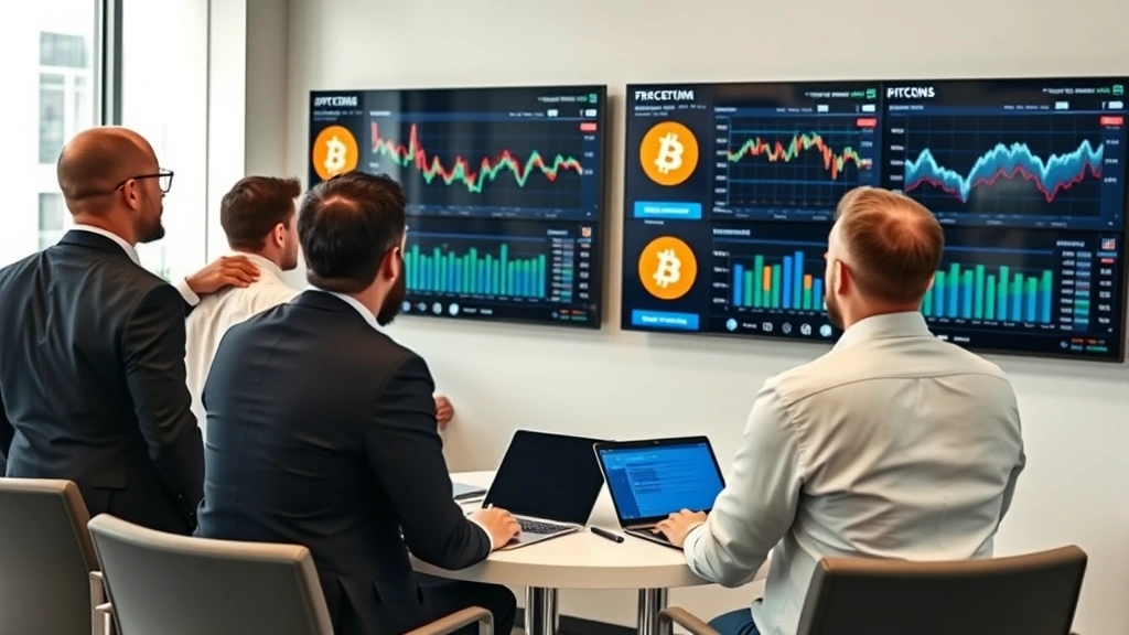 Diverse group of American investors in modern financial office reviewing cryptocurrency portfolio performance on large wall-mounted screens, Bitcoin logos visible, professional setting with contemporary furniture and technology