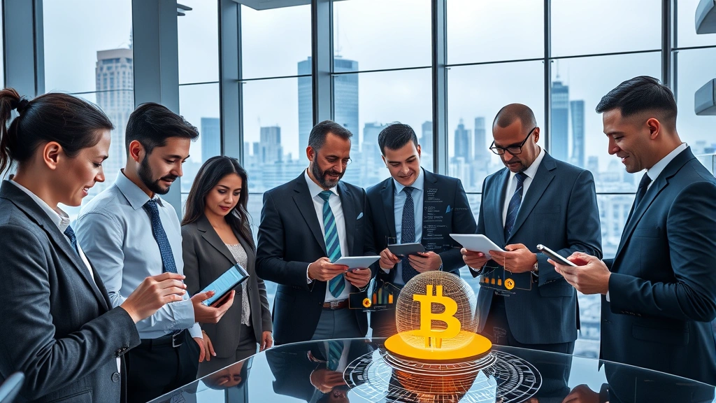 Photorealistic image of a diverse group of investors in a contemporary financial office examining Bitcoin data on holographic displays and tablets, modern glass architecture with city skyline visible through windows, professional yet innovative atmosphere