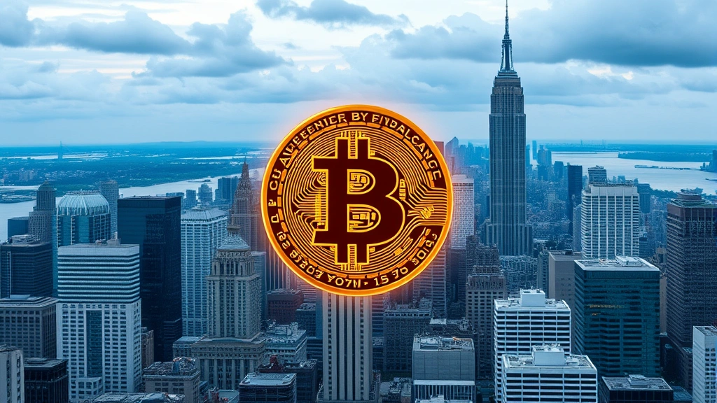 American financial district skyline with digital Bitcoin symbol overlay, institutional buildings representing banks and investment firms, modern cryptocurrency infrastructure, blockchain technology visualization, photorealistic urban landscape