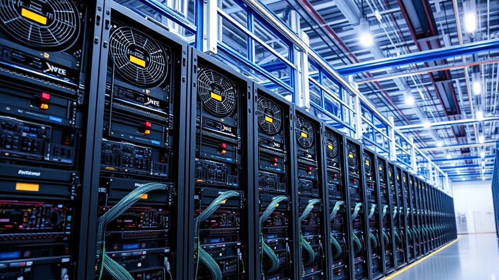 American Bitcoin mining facility with rows of ASIC mining hardware operating, industrial cooling systems, professional infrastructure setup, blue and white lighting illuminating equipment, warehouse environment showcasing modern cryptocurrency mining operation technology