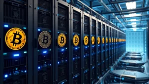 Photorealistic image of modern Bitcoin mining facility with ASIC mining hardware arranged in rows, blue LED indicators glowing, industrial cooling systems visible, cryptocurrency concept