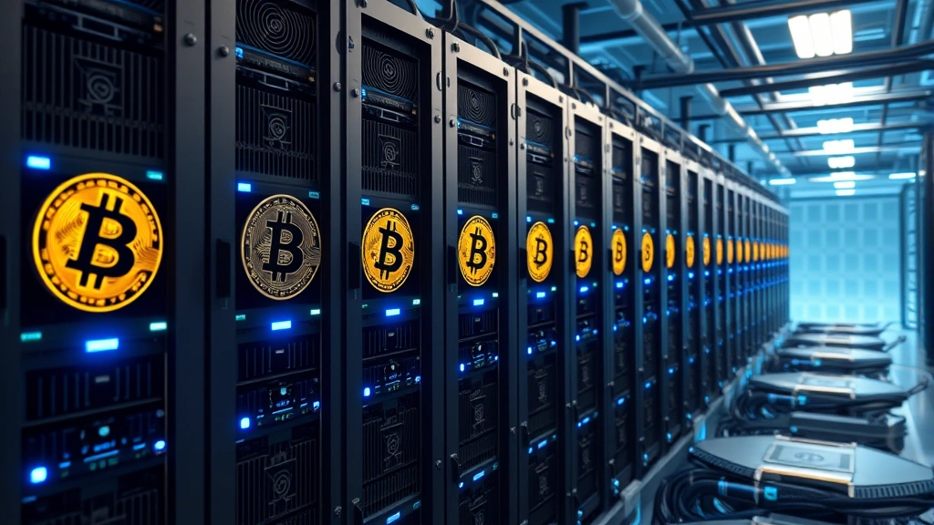 Photorealistic image of modern Bitcoin mining facility with ASIC mining hardware arranged in rows, blue LED indicators glowing, industrial cooling systems visible, cryptocurrency concept