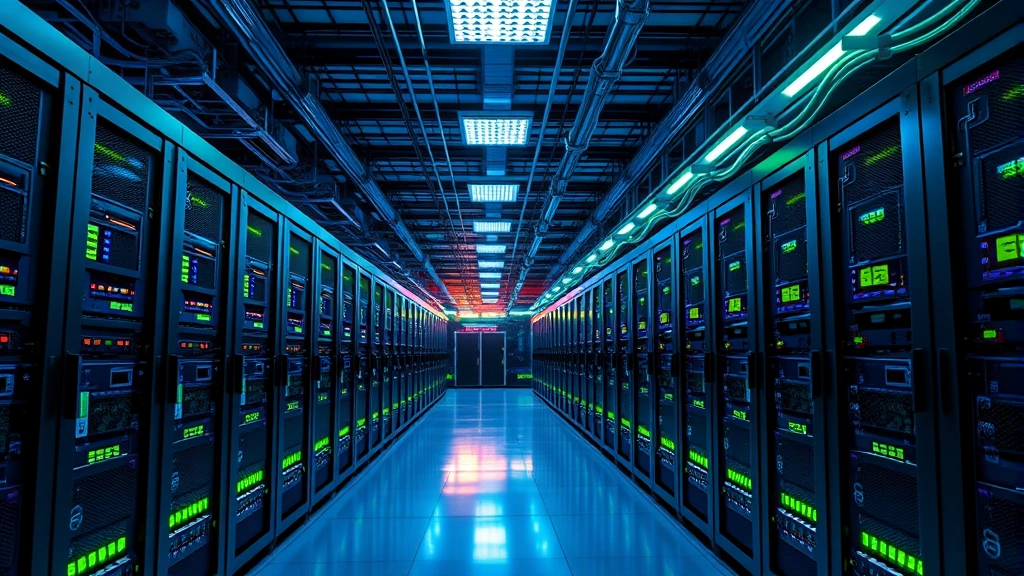 Photorealistic image of a modern Bitcoin mining facility with rows of professional ASIC mining hardware, LED lights, and industrial cooling systems in a warehouse setting with blue and green lighting, no text or charts visible
