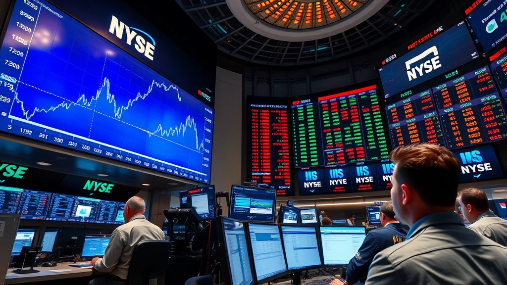 Photorealistic image of stock exchange trading floor displaying upward trending graphs and financial data, professional traders monitoring markets, digital displays showing market performance