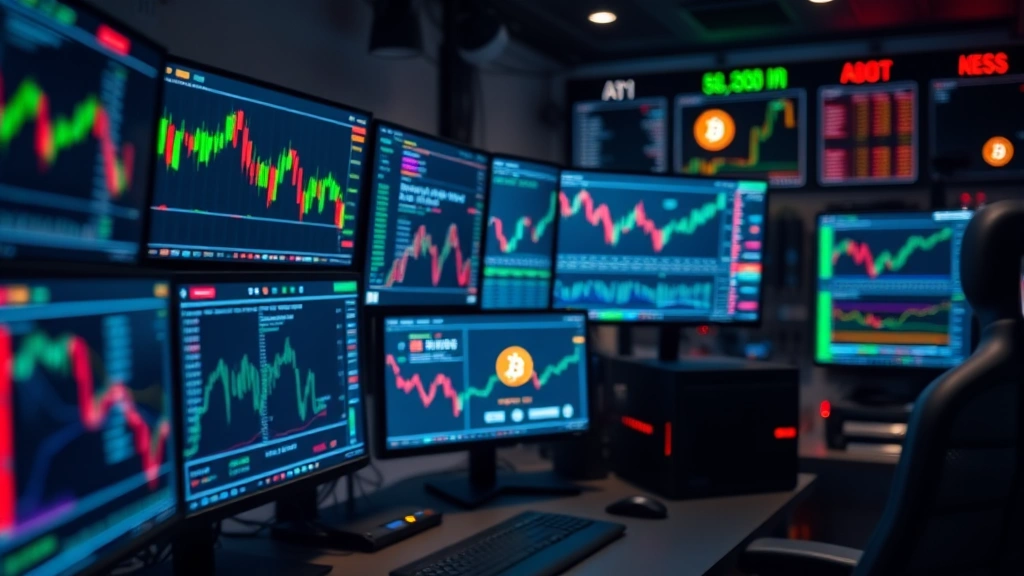 Photorealistic photograph of a professional financial trading environment showing multiple computer monitors displaying market data, Bitcoin price charts, and trading interfaces with blurred numbers, focused on the hardware and workspace setup