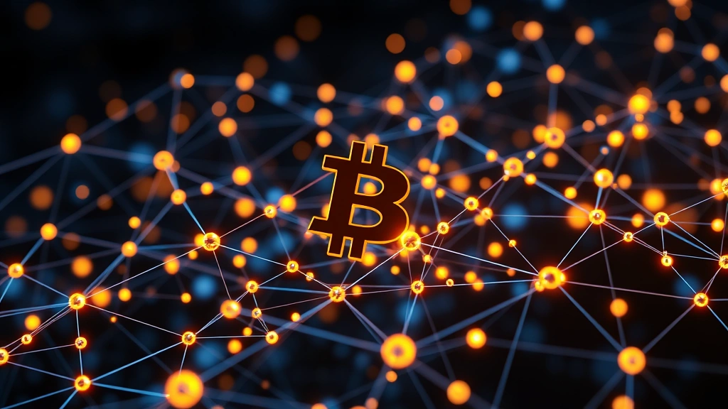 Photorealistic image of Bitcoin blockchain network visualization with interconnected nodes and digital pathways, representing distributed ledger technology and cryptocurrency infrastructure