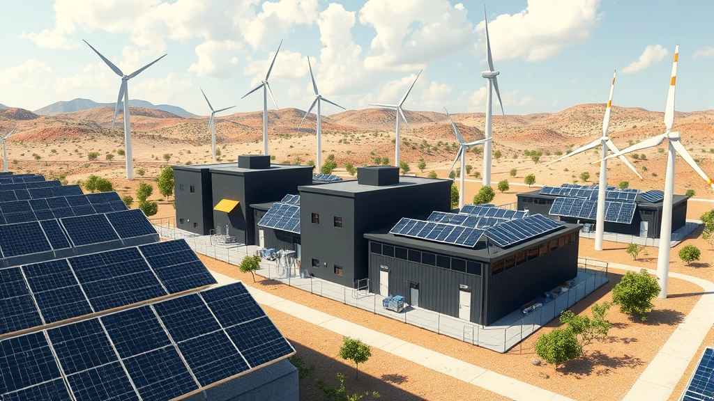 Photorealistic image of a sustainable Bitcoin mining operation powered by solar panels and wind turbines, showing renewable energy infrastructure integrated with mining facility buildings, clean technology environment, daylight shot with no text overlays