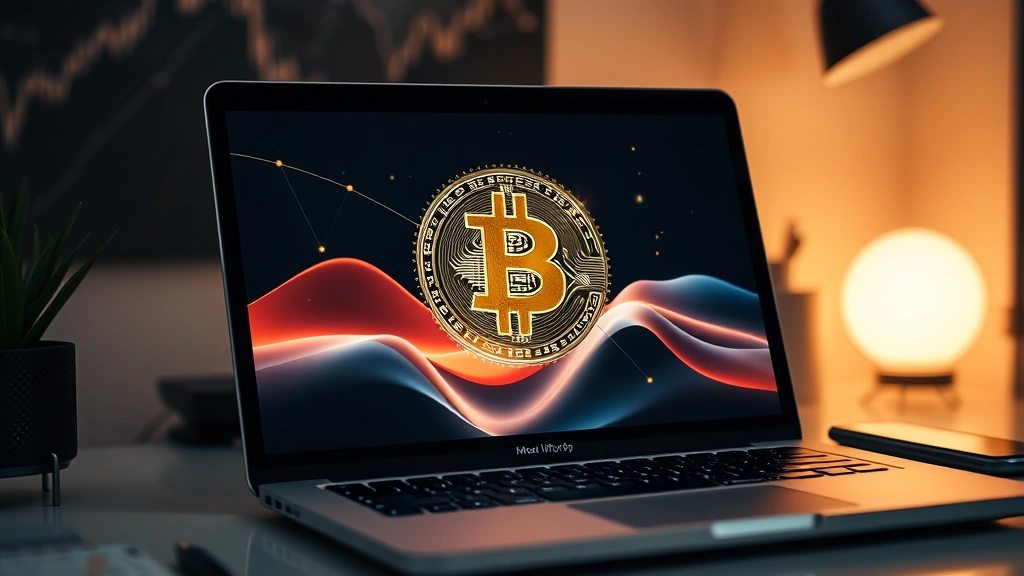 Close-up of an Apple MacBook Pro laptop with Bitcoin symbol holographically displayed on the screen, sitting on a minimalist desk with cryptocurrency-themed background elements, professional photography, high resolution