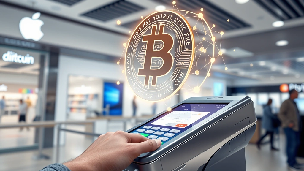 Modern cryptocurrency payment terminal processing a transaction, with Bitcoin blockchain visualization floating above, connected to an Apple store environment, photorealistic digital art style, clean aesthetic