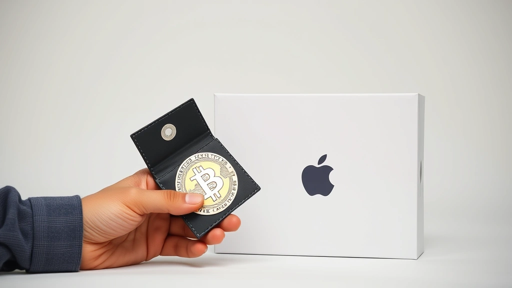 Person holding Bitcoin hardware wallet next to new sealed Apple Mac box, bright neutral studio lighting, showing secure cryptocurrency storage for electronics purchases, professional commercial photography