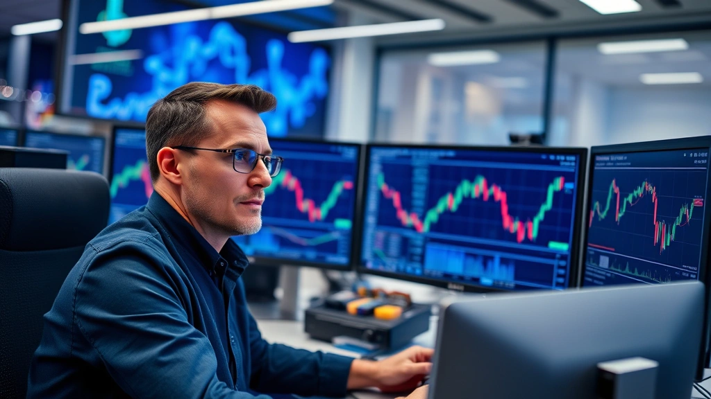 Professional crypto trader monitoring Bitcoin charts on multiple screens in a modern trading office, blue and silver tones, focused expression, institutional setting with blockchain visualization in background