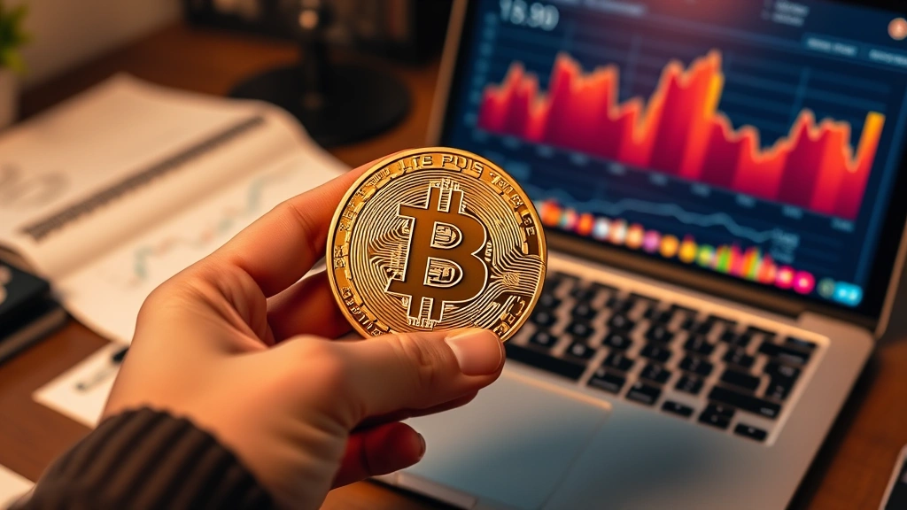 Close-up of hands holding physical Bitcoin model next to laptop displaying cryptocurrency portfolio dashboard, warm lighting, financial documents on desk, secure institutional environment aesthetic