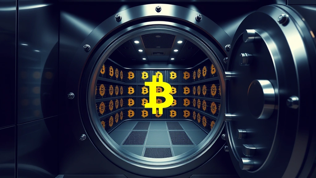 Modern bank vault door open showing rows of secure storage with Bitcoin symbols, professional security lighting, advanced technology integration, institutional-grade cryptocurrency custody facility