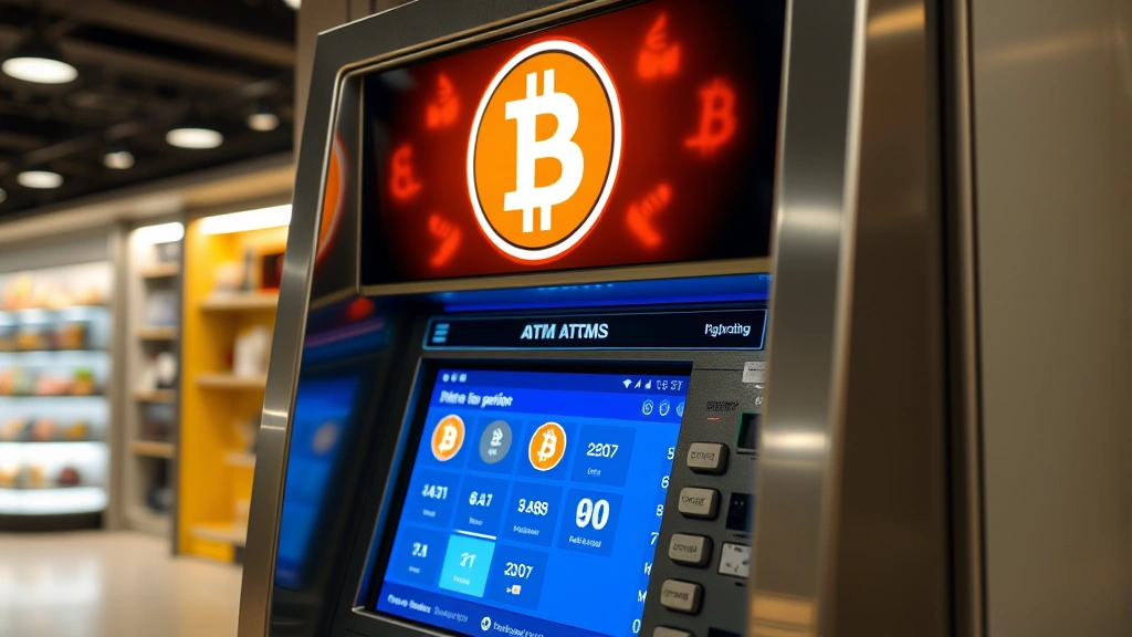 Close-up of modern Bitcoin ATM machine with illuminated digital screen displaying cryptocurrency symbols and transaction options, sleek metallic design in contemporary retail environment