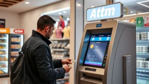 Modern Bitcoin ATM machine in bright convenience store, sleek digital interface glowing, person inserting cash, contemporary cryptocurrency transaction scene, professional retail environment