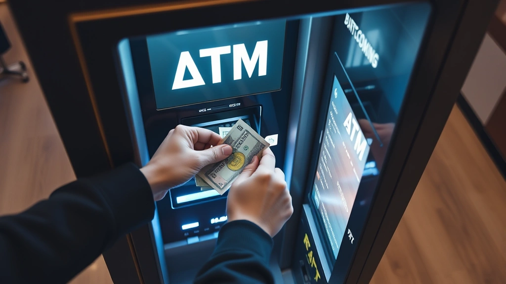 Overhead view of person inserting cash into cryptocurrency ATM with glowing display, hands visible performing financial transaction in well-lit commercial space