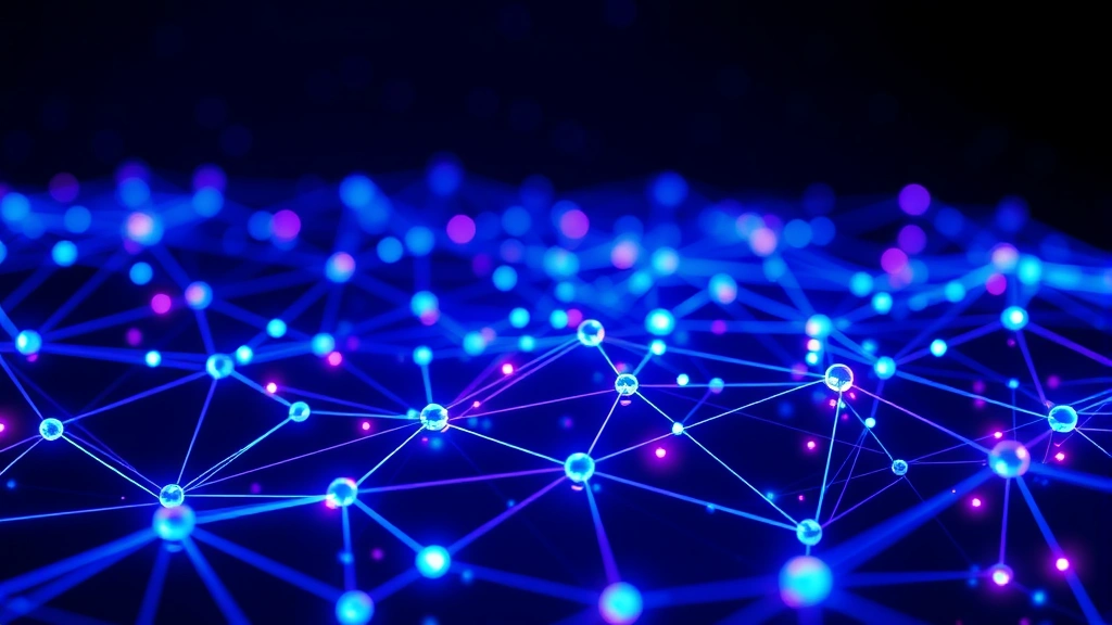 Abstract blockchain technology visualization showing interconnected nodes and digital currency symbols flowing across network connections in vibrant blue and purple lighting