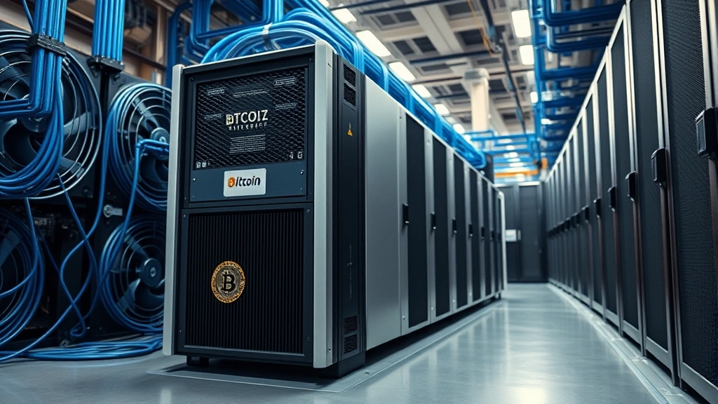 Professional Bitcoin ASIC mining hardware device displayed in a modern mining facility with blue cooling systems and server racks, photorealistic industrial setting