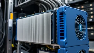 Professional Bitcoin ASIC mining hardware with cooling fins visible, industrial setting with organized cable management, blue and silver metallic finish, side profile view showing thermal design