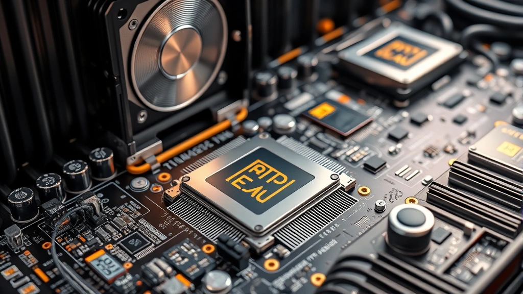 Close-up of advanced semiconductor chips and circuit boards inside cryptocurrency mining equipment showing intricate electronic components and thermal management systems