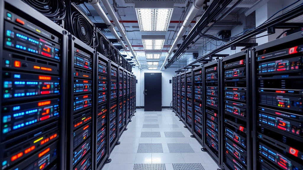 Modern cryptocurrency mining operation showing multiple ASIC units in climate-controlled facility, LED indicators glowing, organized rack mounting system, professional infrastructure setup
