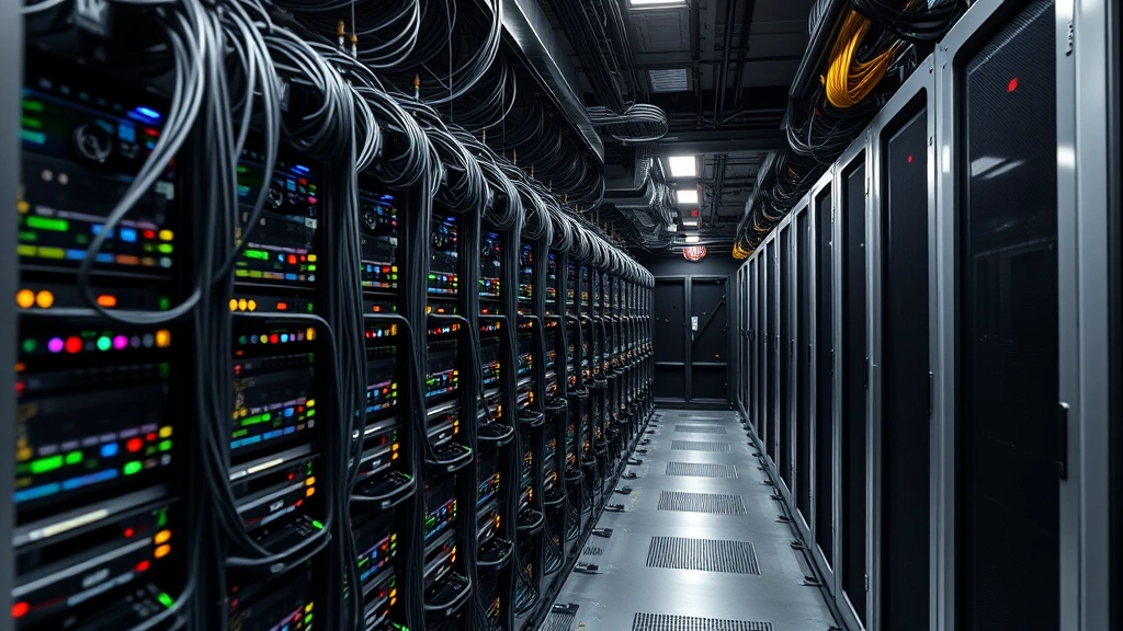 Cryptocurrency mining farm with multiple rows of specialized hardware units operating simultaneously, displaying network cables and professional infrastructure setup