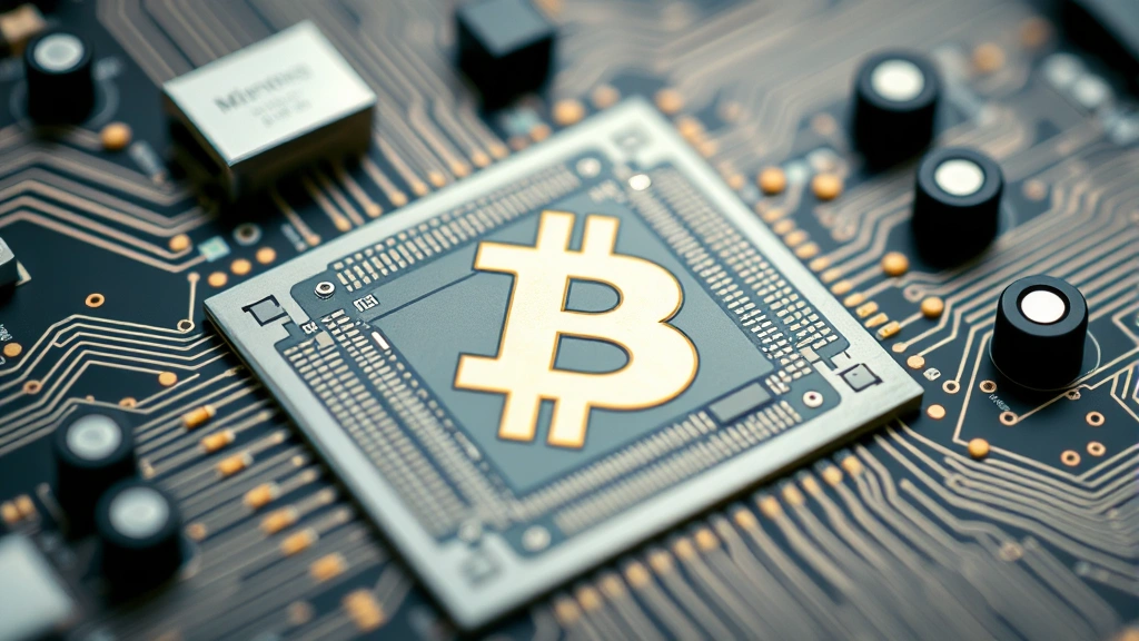 Close-up of advanced computer circuitry and microchip architecture, semiconductor components with intricate patterns, representing blockchain mining technology and computational power