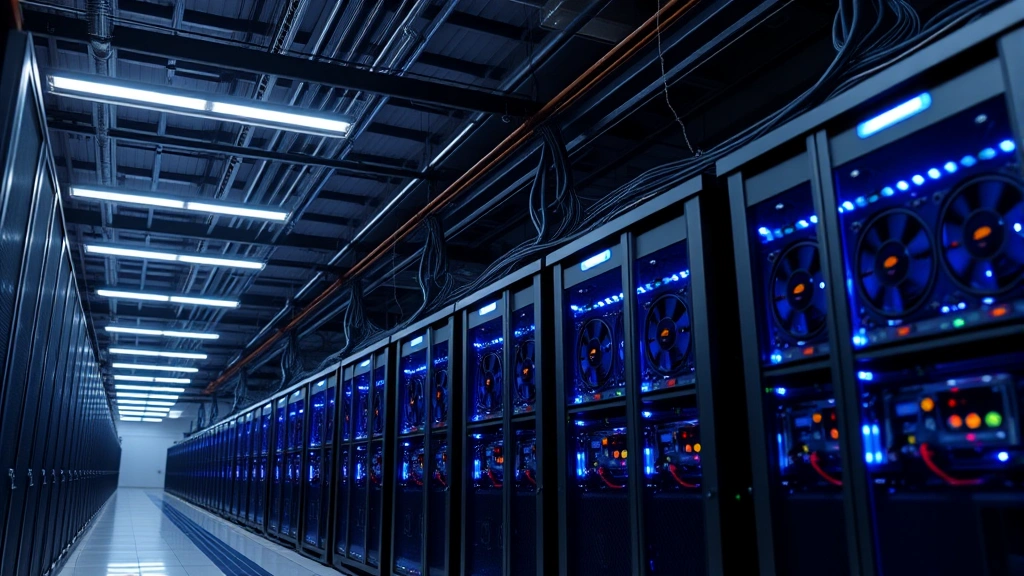 Industrial Bitcoin mining facility with rows of ASIC mining rigs illuminated under bright LED lighting, showcasing advanced cooling systems and power distribution infrastructure in a large warehouse setting