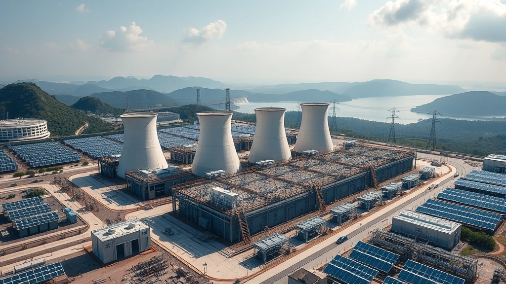 Aerial view of large-scale Bitcoin mining data center with extensive cooling towers and power generation equipment, surrounded by renewable energy sources including solar panels and hydroelectric infrastructure