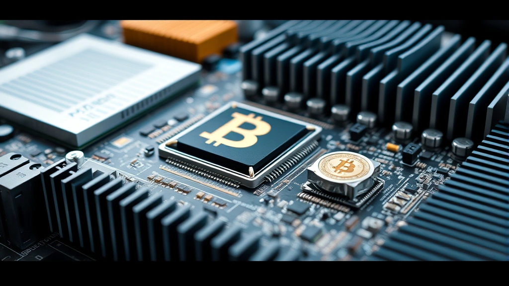 Close-up of modern ASIC Bitcoin mining hardware with intricate circuit boards and heat sinks, displaying advanced semiconductor technology and thermal management systems designed for maximum computational efficiency