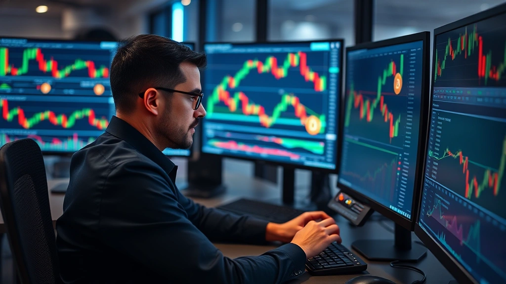 Professional trader analyzing Bitcoin charts with multiple technical indicators on computer monitors in modern trading room, candlestick patterns visible, focused concentration
