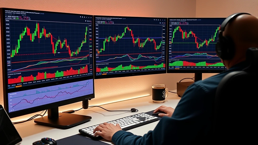 A professional trader's computer setup displaying multiple Bitcoin price charts with colorful technical indicator overlays including moving averages and RSI, with candlestick patterns visible on the screen