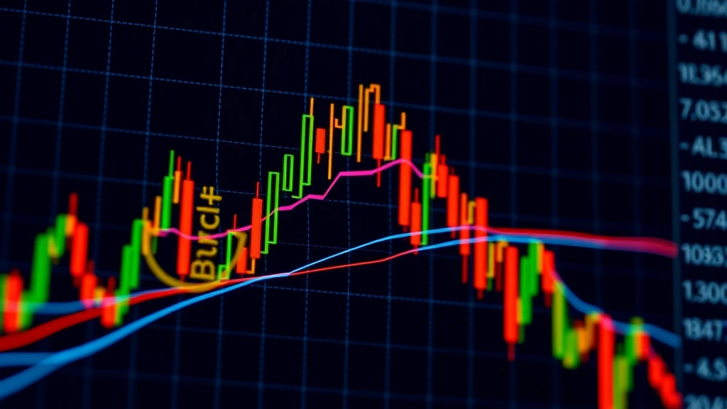 Close-up of Bitcoin price chart showing Bollinger Bands expanding and contracting around price action with clear volatility visualization, photorealistic digital display