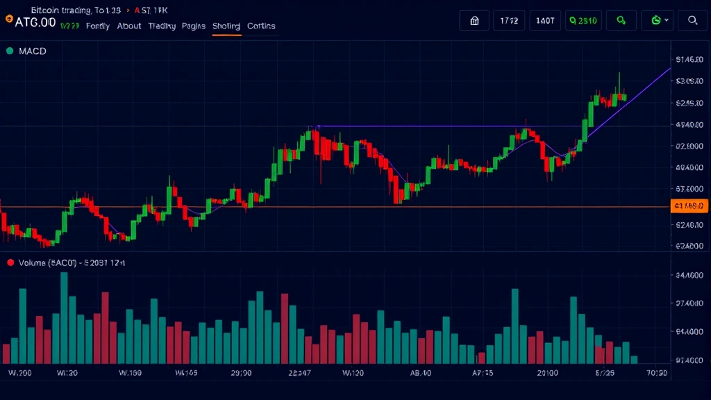 Bitcoin trading dashboard showing volume bars at the bottom of chart with MACD histogram and moving averages clearly visible, professional cryptocurrency trading interface