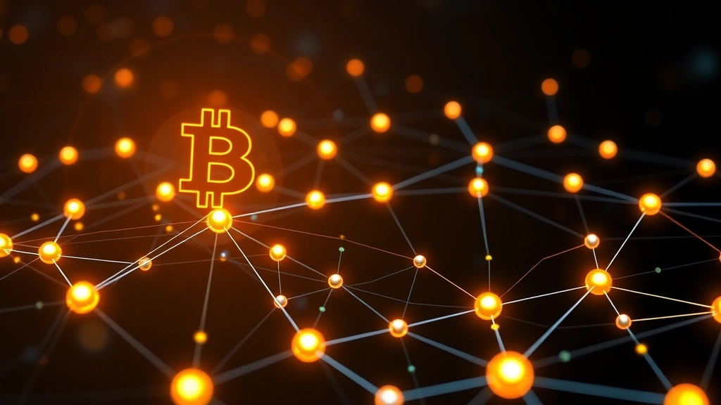 A futuristic digital representation of Bitcoin's blockchain network with glowing nodes and interconnected pathways, symbolizing decentralized financial infrastructure and technological advancement in a dark, professional setting