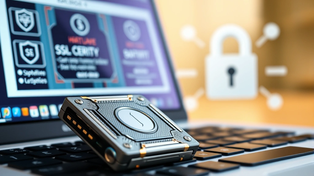 Close-up of a hardware cryptocurrency wallet device alongside a laptop screen showing blockchain security features, SSL certificates, and multi-layer encryption locks symbolizing digital asset protection