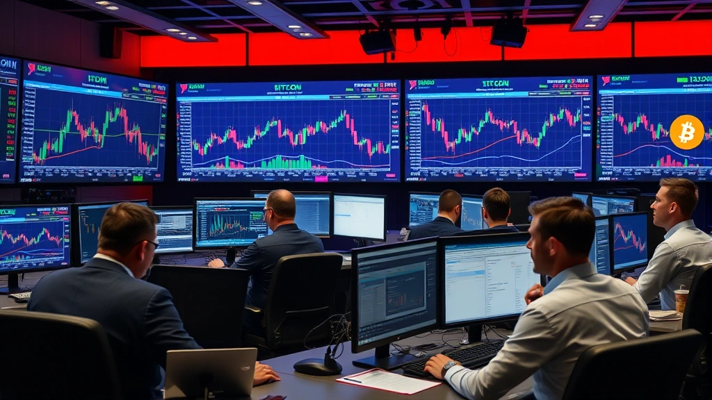 Institutional traders and financial professionals analyzing cryptocurrency markets on multiple screens in a modern trading floor, displaying Bitcoin charts and market data with professional atmosphere