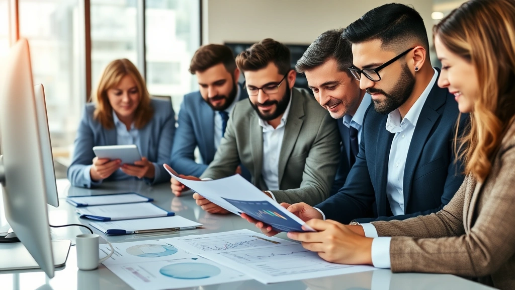 A diverse group of investors reviewing financial documents and crypto market analysis on tablets and computers in a professional setting, representing informed decision-making and portfolio diversification strategies