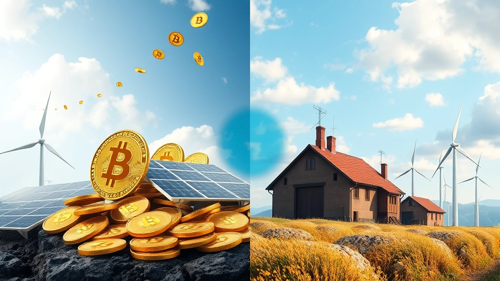 A split-screen visualization comparing Bitcoin mining operations powered by renewable energy sources like solar panels and wind turbines against traditional energy infrastructure, showing sustainability evolution
