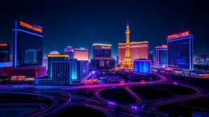 Modern Las Vegas skyline at night with neon lights reflecting off glass buildings, digital blue and purple lighting effects symbolizing cryptocurrency and blockchain technology