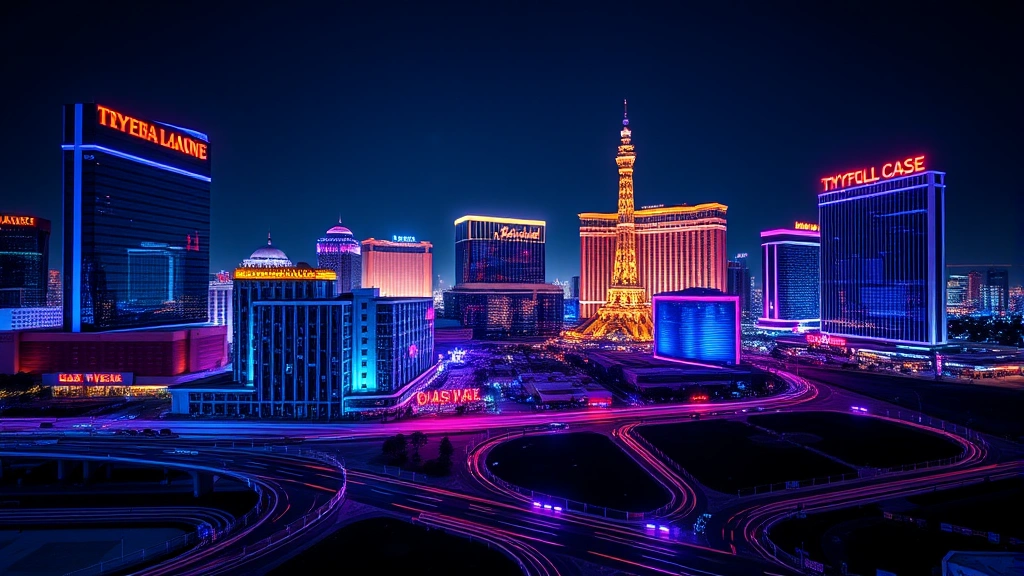 Modern Las Vegas skyline at night with neon lights reflecting off glass buildings, digital blue and purple lighting effects symbolizing cryptocurrency and blockchain technology
