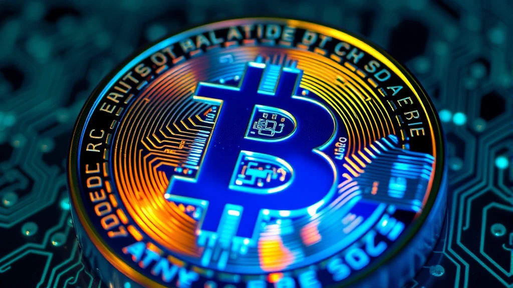 Close-up of Bitcoin physical representation coin with intricate circuitry patterns glowing beneath transparent surface, holographic blue-green light effects